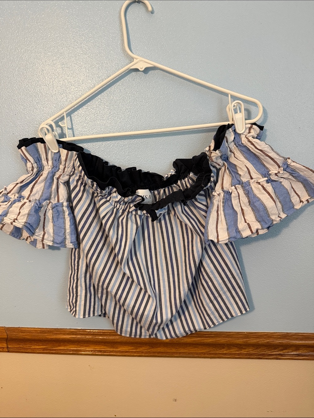 Misa Los Angeles Blue & White Striped Off-Shoulder Ruffle Crop Top